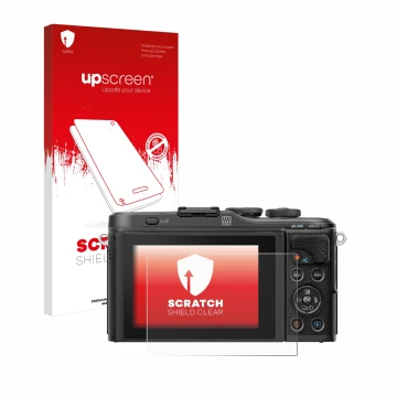 Parte frontal de un envase de producto con el logotipo de la marca upscreen. Al lado se muestra el dispositivo Olympus PEN E-P