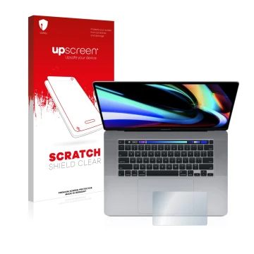 Parte frontal de un envase de producto con el logotipo de la marca upscreen. Al lado se muestra el dispositivo Apple MacBook P