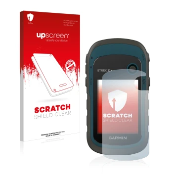 Parte frontal de un envase de producto con el logotipo de la marca upscreen. Al lado se muestra el dispositivo Garmin eTrex 22