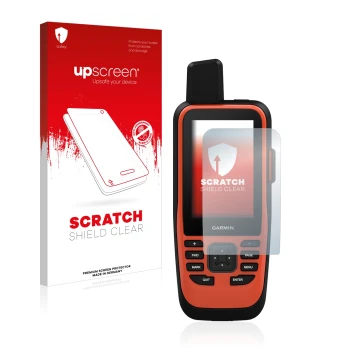 Parte frontal de un envase de producto con el logotipo de la marca upscreen. Al lado se muestra el dispositivo Garmin GPSMAP 8