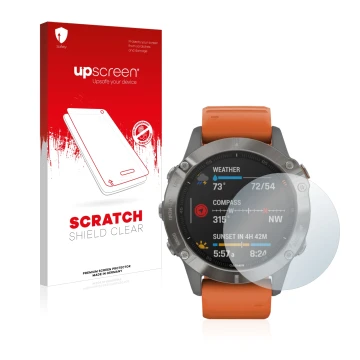 Parte frontal de un envase de producto con el logotipo de la marca upscreen. Al lado se muestra el dispositivo Garmin Fenix 6 