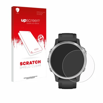 Parte frontal de un envase de producto con el logotipo de la marca upscreen. Al lado se muestra el dispositivo Garmin Fenix 6S
