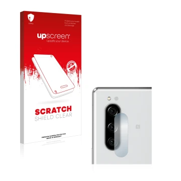 Parte frontal de un envase de producto con el logotipo de la marca upscreen. Al lado se muestra el dispositivo Sony Xperia 5 (