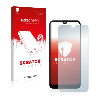 Parte frontal de un envase de producto con el logotipo de la marca upscreen. Al lado se muestra el dispositivo Gigaset GS110 c