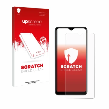Parte frontal de un envase de producto con el logotipo de la marca upscreen. Al lado se muestra el dispositivo Blackview A80 P