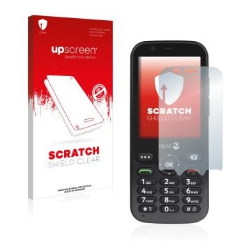 Parte frontal de un envase de producto con el logotipo de la marca upscreen. Al lado se muestra el dispositivo Doro 7010 con s