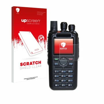 Parte frontal de un envase de producto con el logotipo de la marca upscreen. Al lado se muestra el dispositivo AnyTone AT-D878
