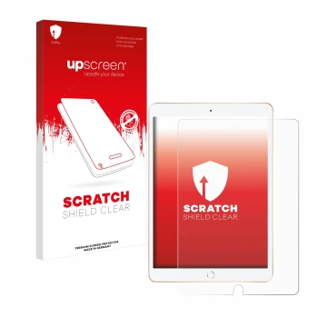 Parte frontal de un envase de producto con el logotipo de la marca upscreen. Al lado se muestra el dispositivo Apple iPad 10.2