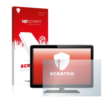Parte frontal de un envase de producto con el logotipo de la marca upscreen. Al lado se muestra el dispositivo con su protecto