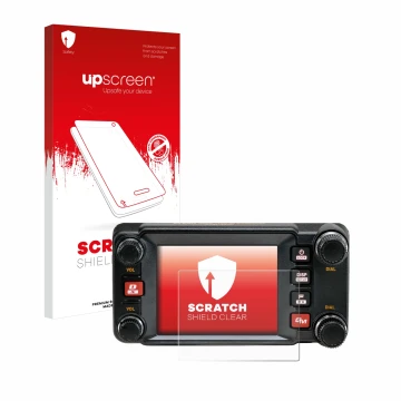 Parte frontal de un envase de producto con el logotipo de la marca upscreen. Al lado se muestra el dispositivo Yaesu FTM-400XD