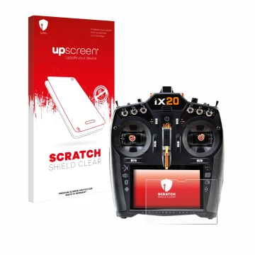 Parte frontal de un envase de producto con el logotipo de la marca upscreen. Al lado se muestra el dispositivo Spektrum iX20 c