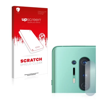 Parte frontal de un envase de producto con el logotipo de la marca upscreen. Al lado se muestra el dispositivo OnePlus 8 Pro (