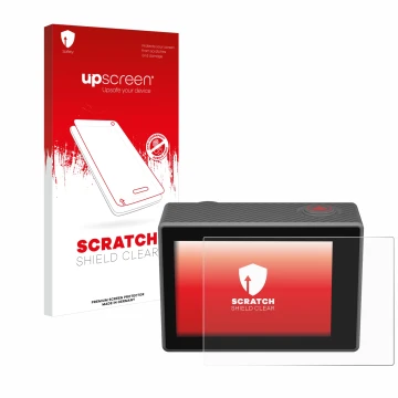 Parte frontal de un envase de producto con el logotipo de la marca upscreen. Al lado se muestra el dispositivo Akaso V50 Elite