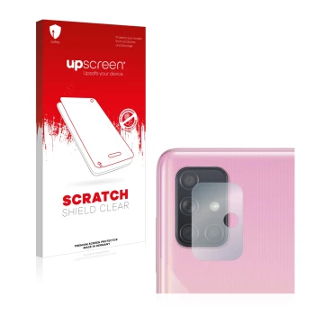 Parte frontal de un envase de producto con el logotipo de la marca upscreen. Al lado se muestra el dispositivo Samsung Galaxy 