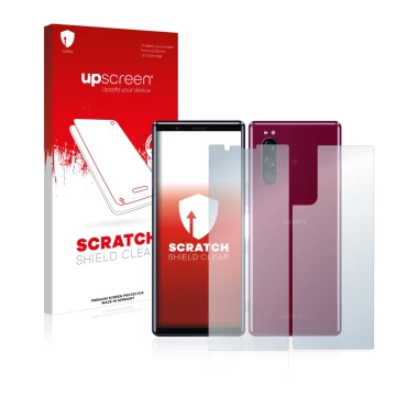 Parte frontal de un envase de producto con el logotipo de la marca upscreen. Al lado se muestra el dispositivo Sony Xperia 5 (