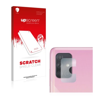 Parte frontal de un envase de producto con el logotipo de la marca upscreen. Al lado se muestra el dispositivo Samsung Galaxy 