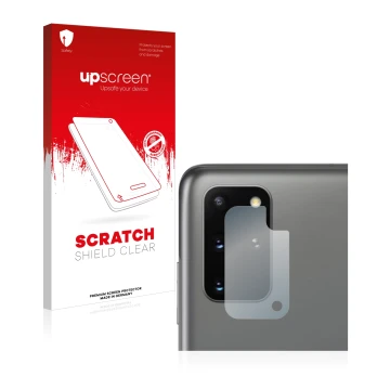 Parte frontal de un envase de producto con el logotipo de la marca upscreen. Al lado se muestra el dispositivo Samsung Galaxy 