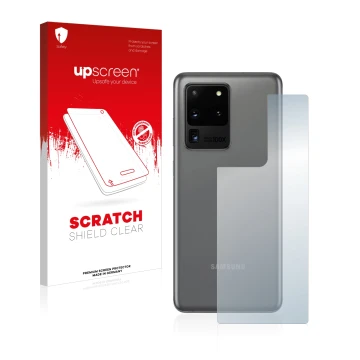 Parte frontal de un envase de producto con el logotipo de la marca upscreen. Al lado se muestra el dispositivo Samsung Galaxy 