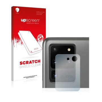 Parte frontal de un envase de producto con el logotipo de la marca upscreen. Al lado se muestra el dispositivo Samsung Galaxy 