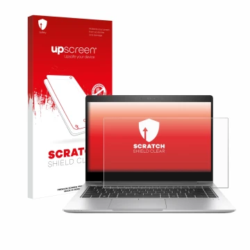 Parte frontal de un envase de producto con el logotipo de la marca upscreen. Al lado se muestra el dispositivo HP EliteBook 84