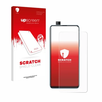 Parte frontal de un envase de producto con el logotipo de la marca upscreen. Al lado se muestra el dispositivo Huawei P smart 