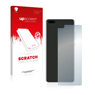 Parte frontal de un envase de producto con el logotipo de la marca upscreen. Al lado se muestra el dispositivo Huawei P40 con 