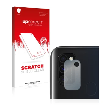 Parte frontal de un envase de producto con el logotipo de la marca upscreen. Al lado se muestra el dispositivo Samsung Galaxy 