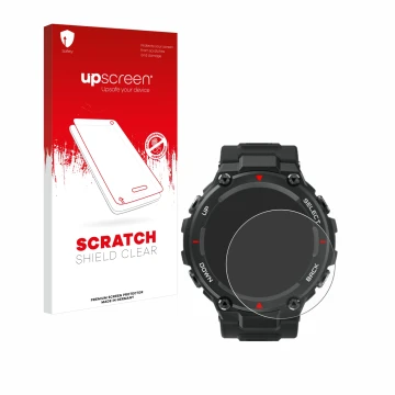 Parte frontal de un envase de producto con el logotipo de la marca upscreen. Al lado se muestra el dispositivo Huami Amazfit T