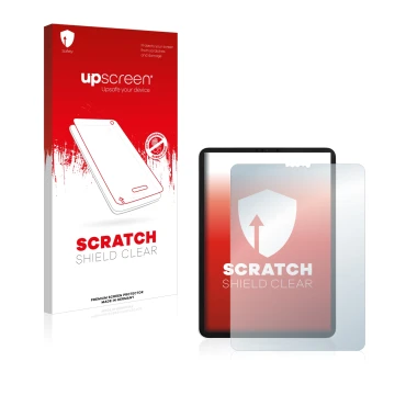 Parte frontal de un envase de producto con el logotipo de la marca upscreen. Al lado se muestra el dispositivo Apple iPad Pro 