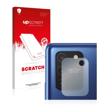 Parte frontal de un envase de producto con el logotipo de la marca upscreen. Al lado se muestra el dispositivo Samsung Galaxy 