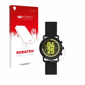 Parte frontal de un envase de producto con el logotipo de la marca upscreen. Al lado se muestra el dispositivo Skagen Smartwat