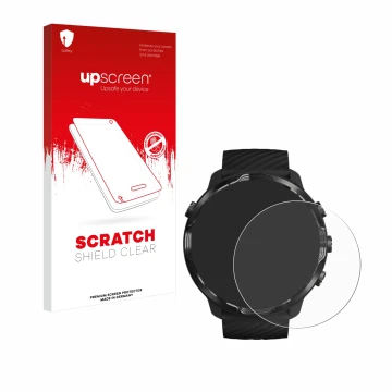 Parte frontal de un envase de producto con el logotipo de la marca upscreen. Al lado se muestra el dispositivo Suunto 7 con su