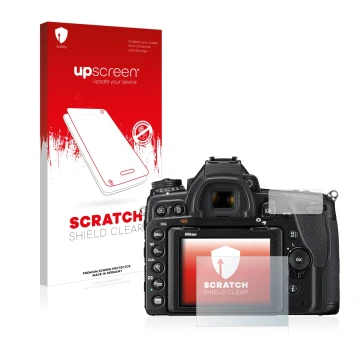 Parte frontal de un envase de producto con el logotipo de la marca upscreen. Al lado se muestra el dispositivo Nikon D780 con 