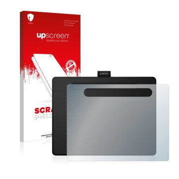 Parte frontal de un envase de producto con el logotipo de la marca upscreen. Al lado se muestra el dispositivo Wacom Intuos M 