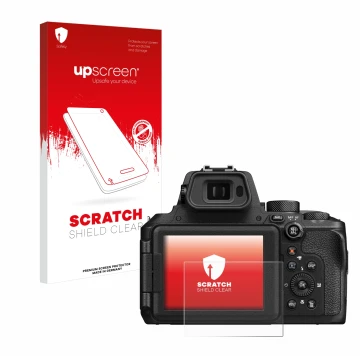 Parte frontal de un envase de producto con el logotipo de la marca upscreen. Al lado se muestra el dispositivo Nikon Coolpix P
