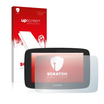 Parte frontal de un envase de producto con el logotipo de la marca upscreen. Al lado se muestra el dispositivo TomTom Go Profe