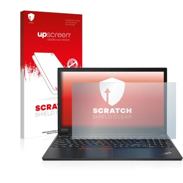 Parte frontal de un envase de producto con el logotipo de la marca upscreen. Al lado se muestra el dispositivo Lenovo ThinkPad