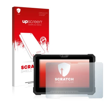 Parte frontal de un envase de producto con el logotipo de la marca upscreen. Al lado se muestra el dispositivo Dell Latitude 7