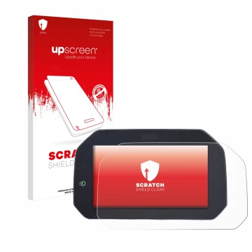 Parte frontal de un envase de producto con el logotipo de la marca upscreen. Al lado se muestra el dispositivo BMW R1200GS LC 