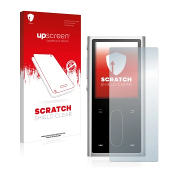 Parte frontal de un envase de producto con el logotipo de la marca upscreen. Al lado se muestra el dispositivo FiiO M3K con su