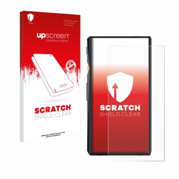 Parte frontal de un envase de producto con el logotipo de la marca upscreen. Al lado se muestra el dispositivo FiiO M11 Pro co