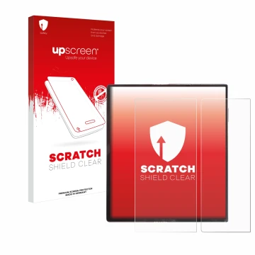 Parte frontal de un envase de producto con el logotipo de la marca upscreen. Al lado se muestra el dispositivo Huawei Mate Xs 