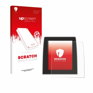 Parte frontal de un envase de producto con el logotipo de la marca upscreen. Al lado se muestra el dispositivo Renault Clio 5 