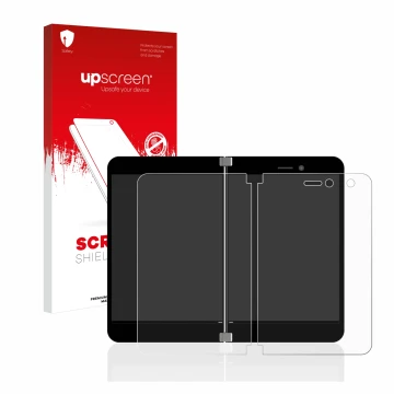 Parte frontal de un envase de producto con el logotipo de la marca upscreen. Al lado se muestra el dispositivo Microsoft Surfa