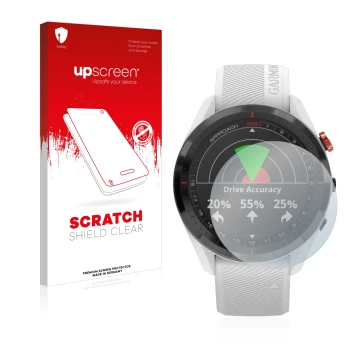 Parte frontal de un envase de producto con el logotipo de la marca upscreen. Al lado se muestra el dispositivo Garmin Approach