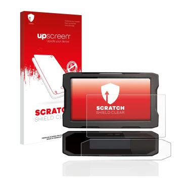 Parte frontal de un envase de producto con el logotipo de la marca upscreen. Al lado se muestra el dispositivo Honda CRF1100L 