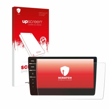 Parte frontal de un envase de producto con el logotipo de la marca upscreen. Al lado se muestra el dispositivo Volkswagen Tour