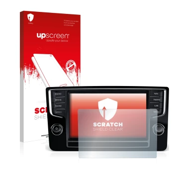 Parte frontal de un envase de producto con el logotipo de la marca upscreen. Al lado se muestra el dispositivo Volkswagen Golf