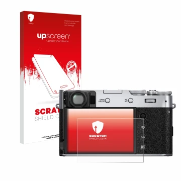 Parte frontal de un envase de producto con el logotipo de la marca upscreen. Al lado se muestra el dispositivo Fujifilm X100V 