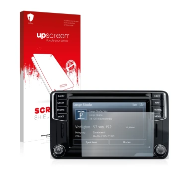 Parte frontal de un envase de producto con el logotipo de la marca upscreen. Al lado se muestra el dispositivo Volkswagen Cadd